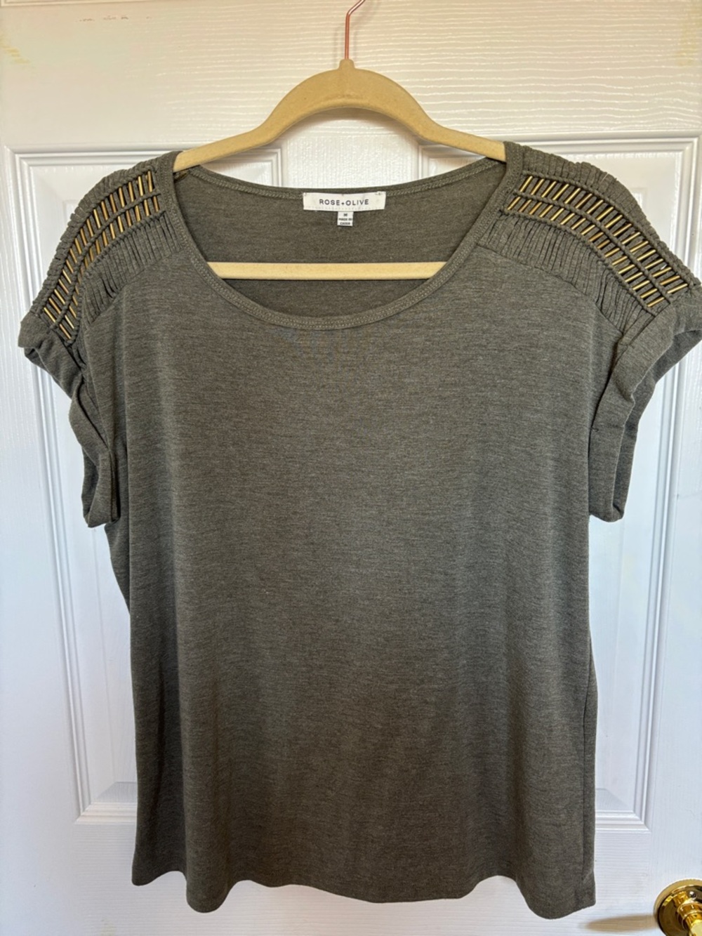 Rose & Olive Olive Short Sleeve Top with Gold Metallic Stud Detail Size M
